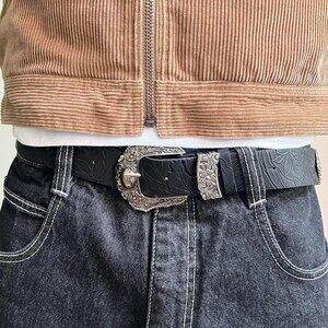 vintage style black american western floral silver boho belt